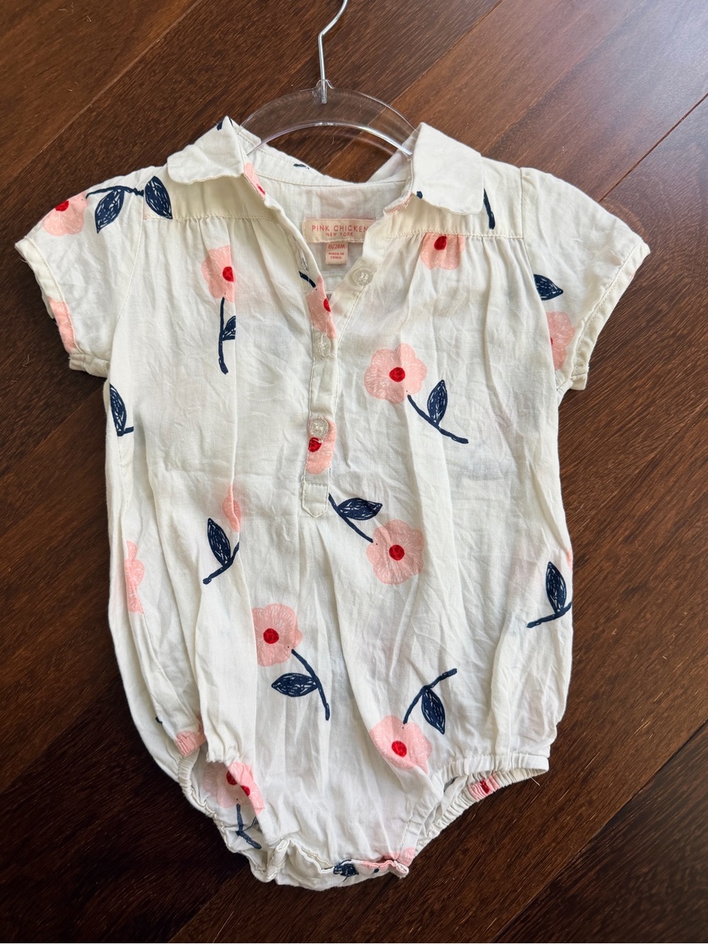 Pink Chicken White Cotton Floral Collar Romper - Pink & Navy
